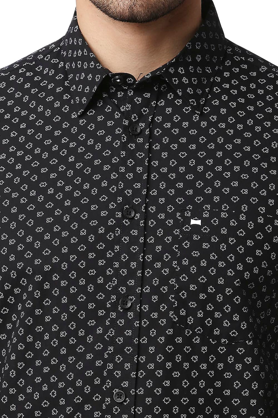 BASICS SLIM FIT NIGHT BLACK POPLIN PRINTED SHIRT