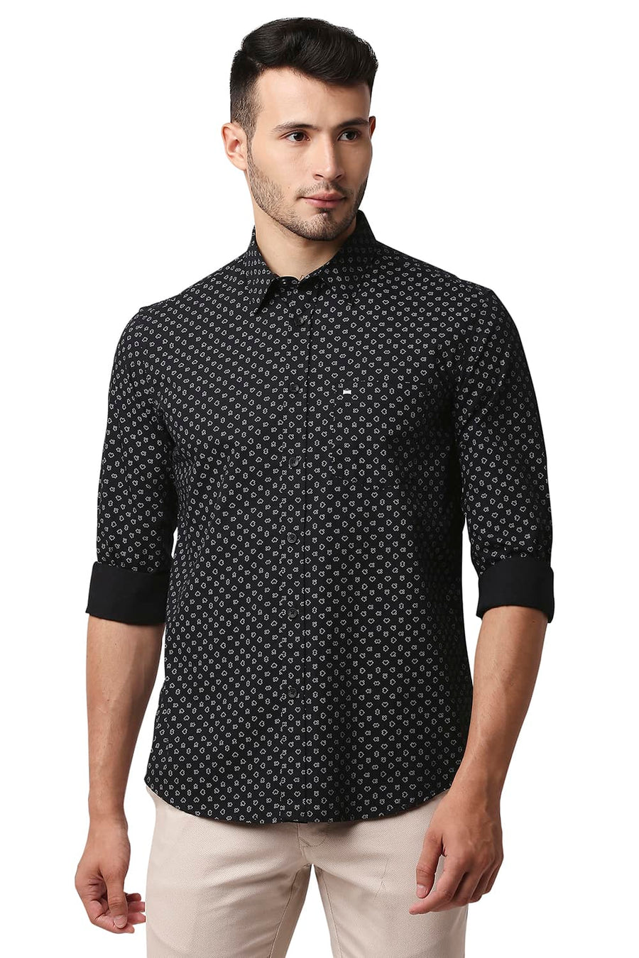 BASICS SLIM FIT NIGHT BLACK POPLIN PRINTED SHIRT
