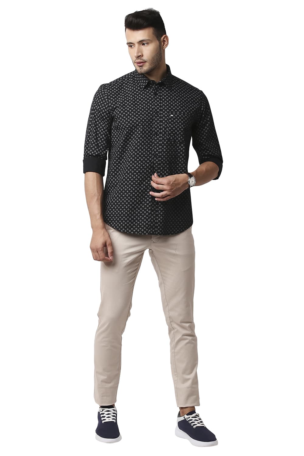 BASICS SLIM FIT POPLIN PRINTED SHIRT