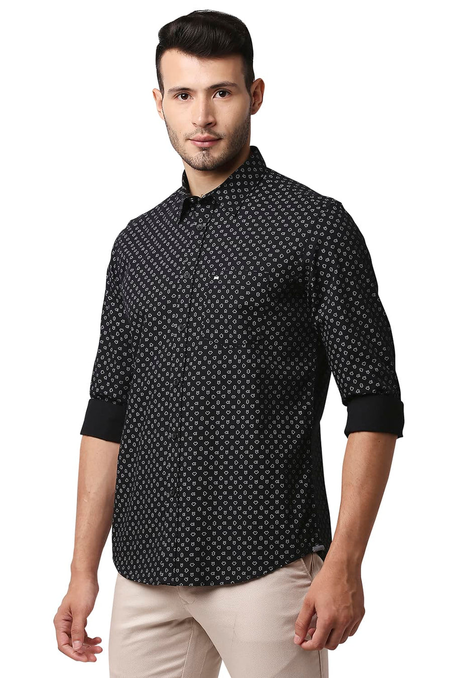 BASICS SLIM FIT NIGHT BLACK POPLIN PRINTED SHIRT