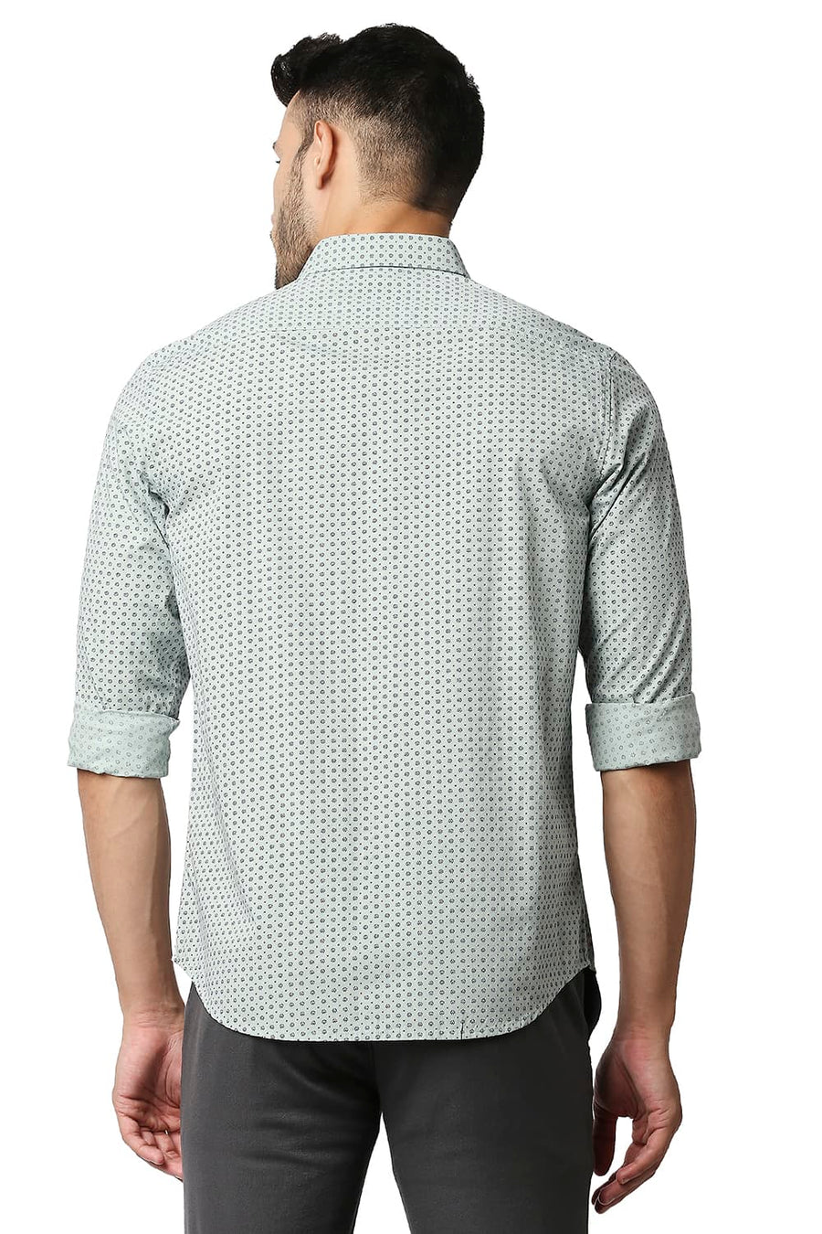 BASICS SLIM FIT FROSTY GREEN POPLIN PRINTED SHIRT