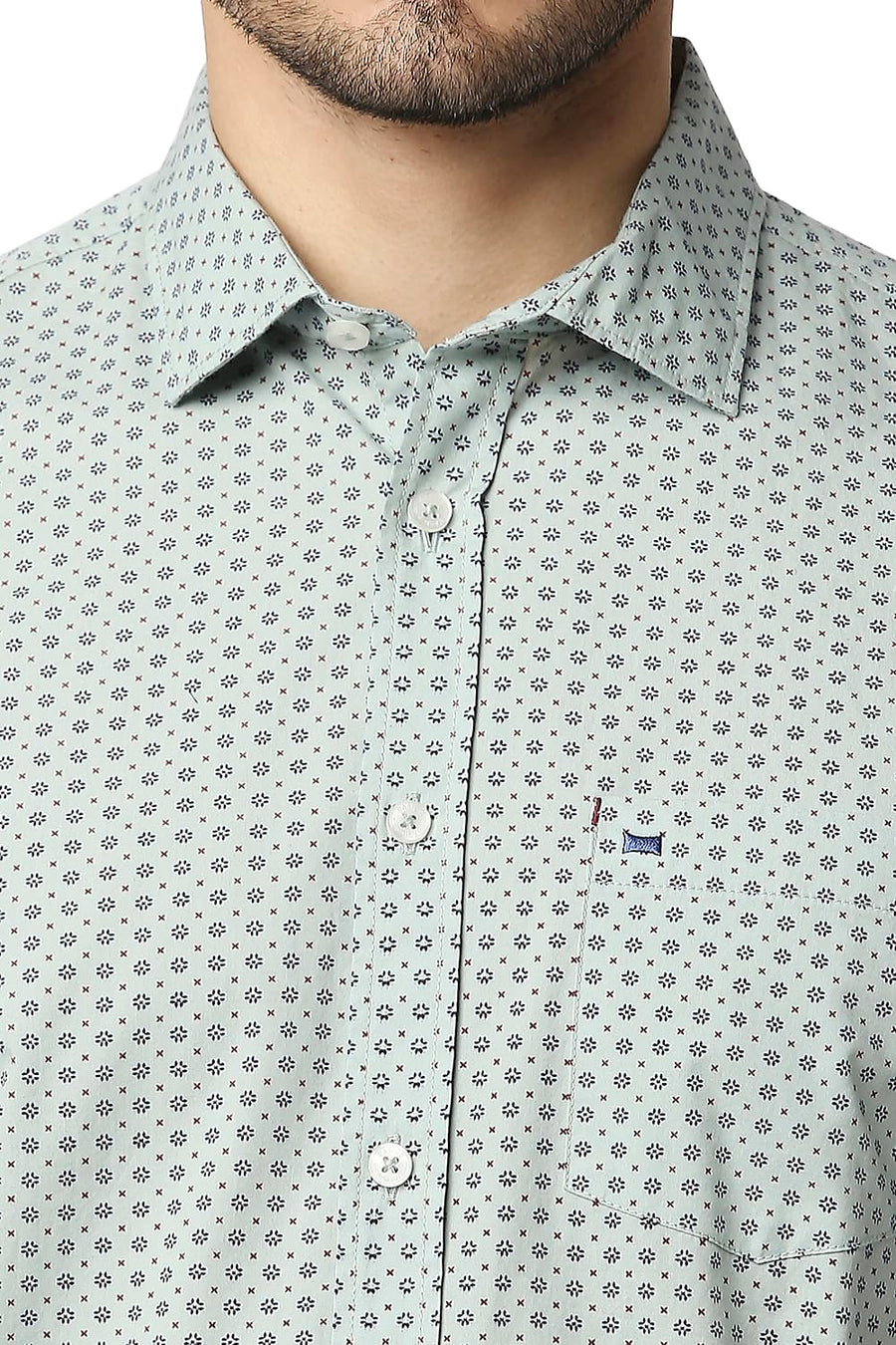 BASICS SLIM FIT FROSTY GREEN POPLIN PRINTED SHIRT