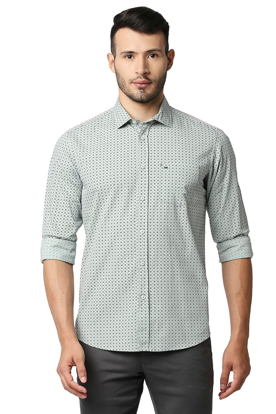BASICS SLIM FIT FROSTY GREEN POPLIN PRINTED SHIRT