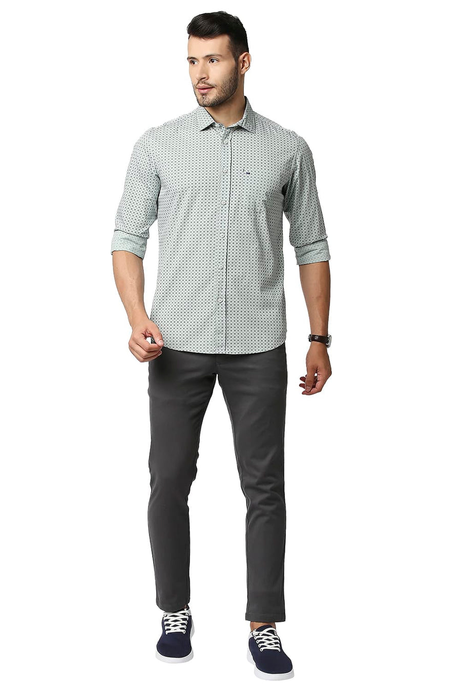 BASICS SLIM FIT FROSTY GREEN POPLIN PRINTED SHIRT