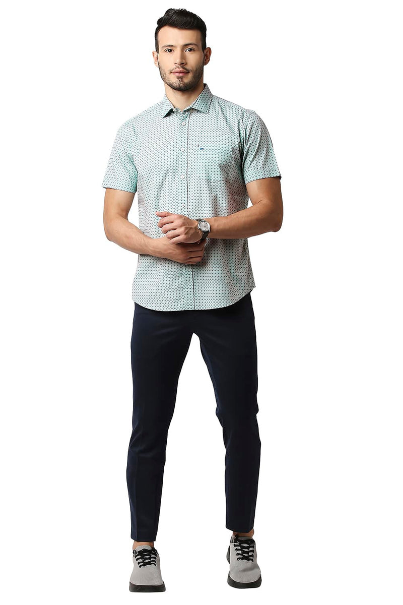 BASICS SLIM FIT POPLIN PRINTED HALFSLEEVES SHIRT