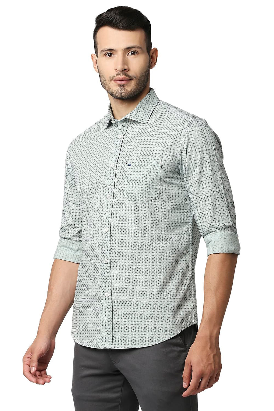 BASICS SLIM FIT FROSTY GREEN POPLIN PRINTED SHIRT