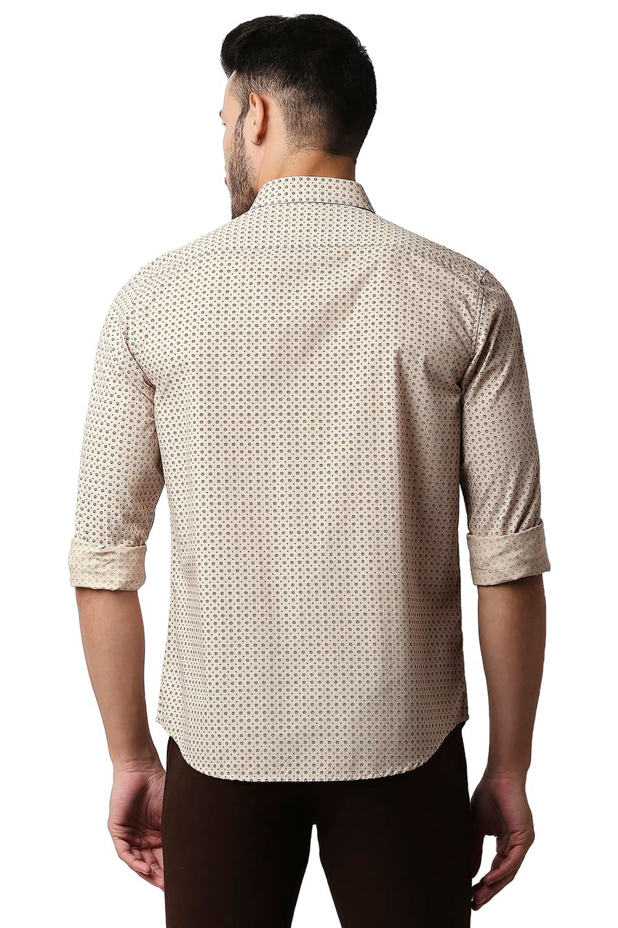 BASICS SLIM FIT PEPPER KHAKI POPLIN PRINTED SHIRT