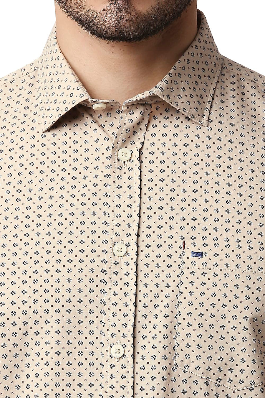 BASICS SLIM FIT PEPPER KHAKI POPLIN PRINTED SHIRT