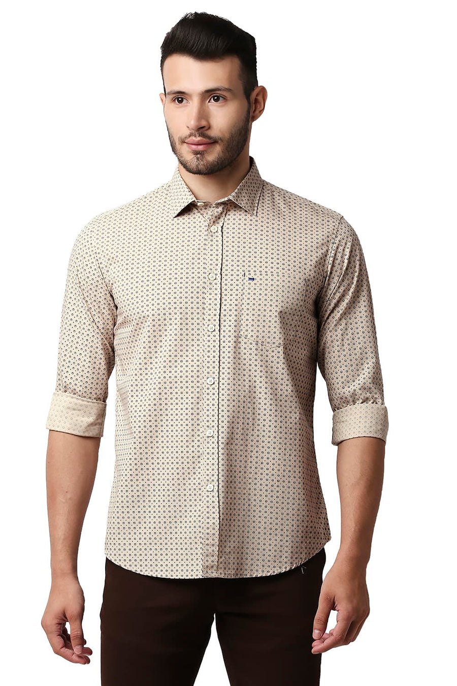 BASICS SLIM FIT PEPPER KHAKI POPLIN PRINTED SHIRT