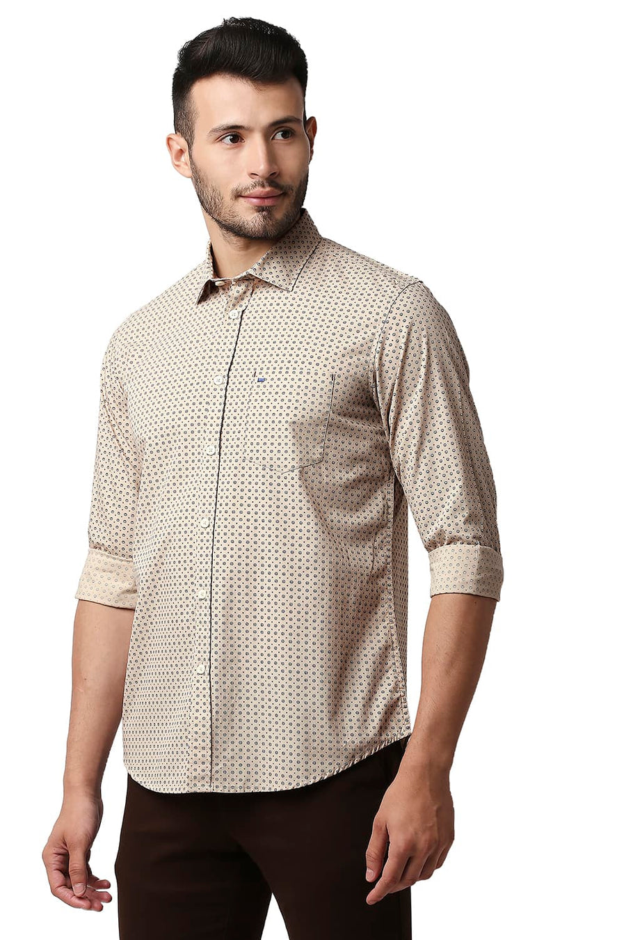 BASICS SLIM FIT PEPPER KHAKI POPLIN PRINTED SHIRT