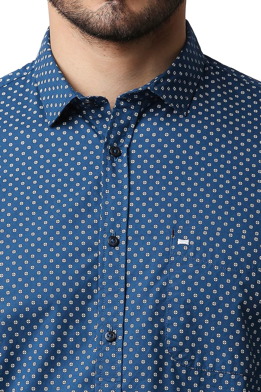 BASICS SLIM FIT BLUE SAPPHIRE POPLIN PRINTED SHIRT