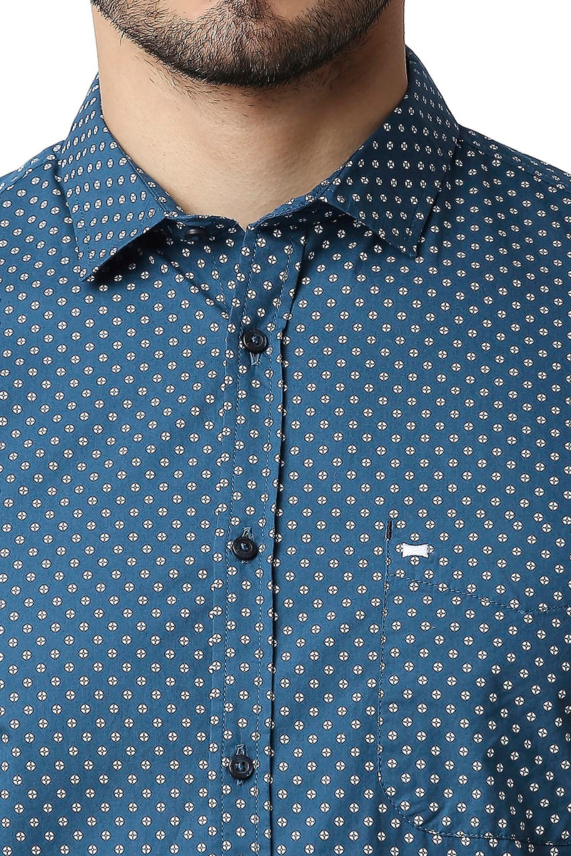 BASICS SLIM FIT POPLIN PRINTED HALFSLEEVES SHIRT