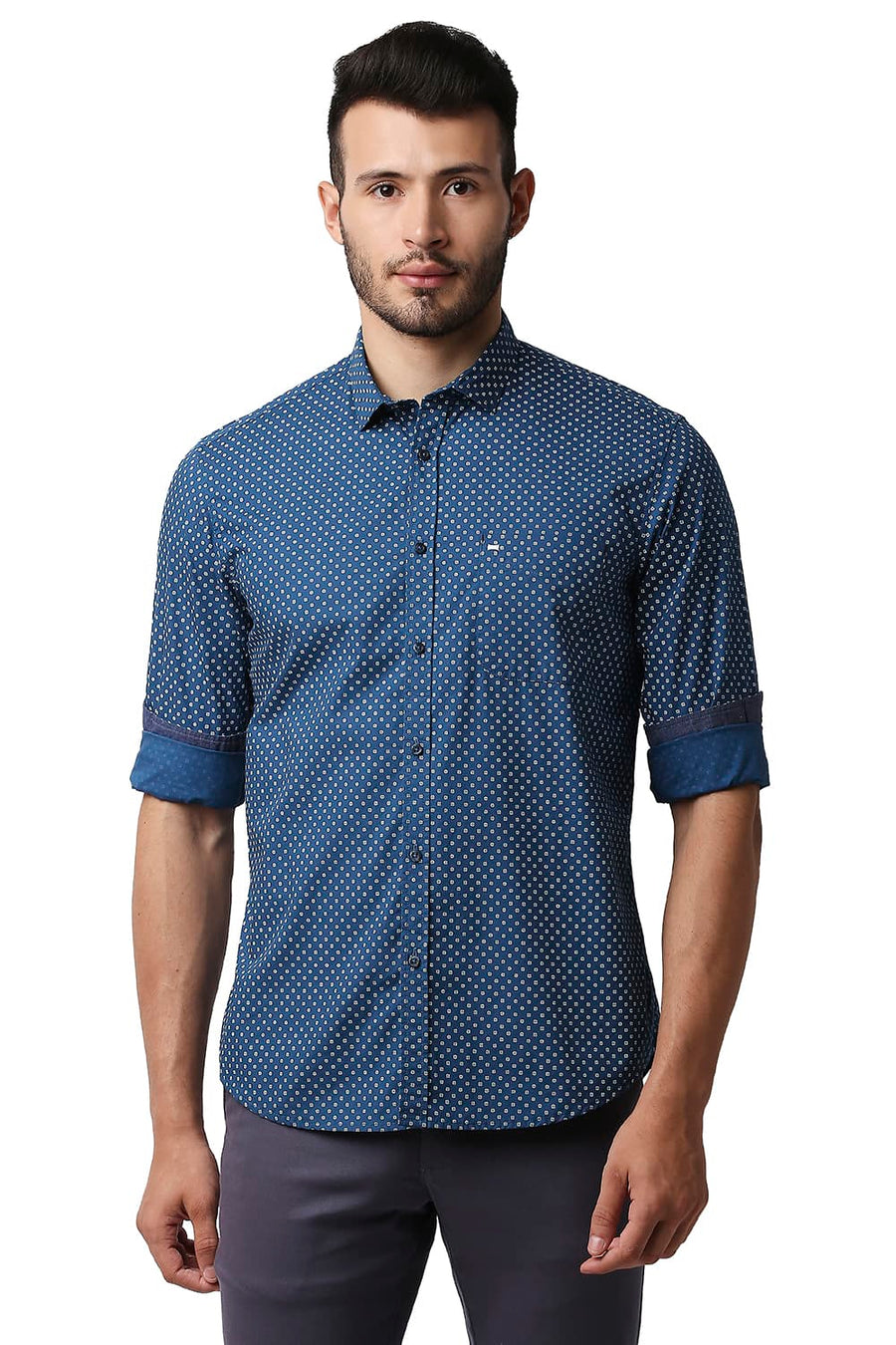 BASICS SLIM FIT BLUE SAPPHIRE POPLIN PRINTED SHIRT
