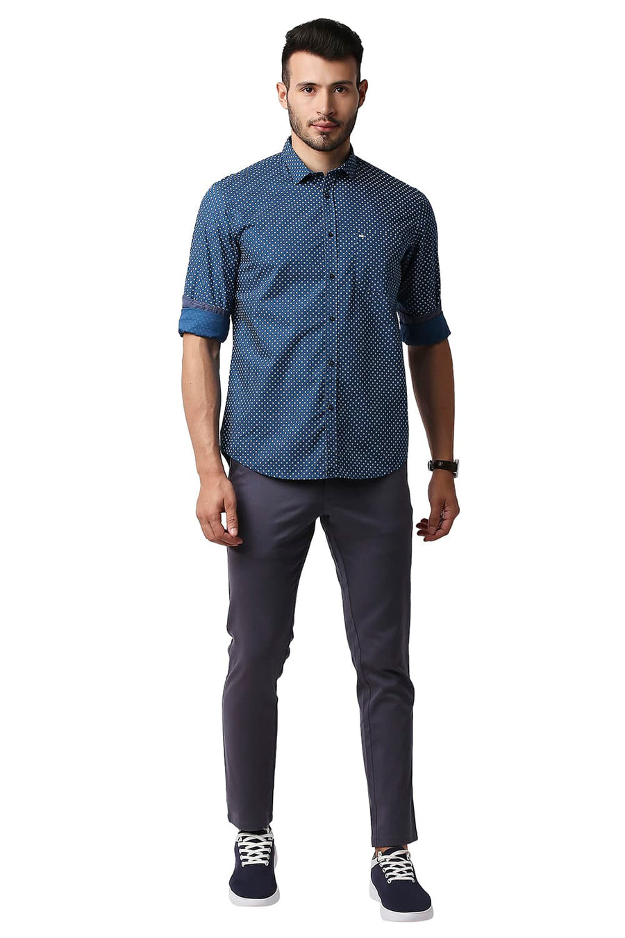 BASICS SLIM FIT BLUE SAPPHIRE POPLIN PRINTED SHIRT