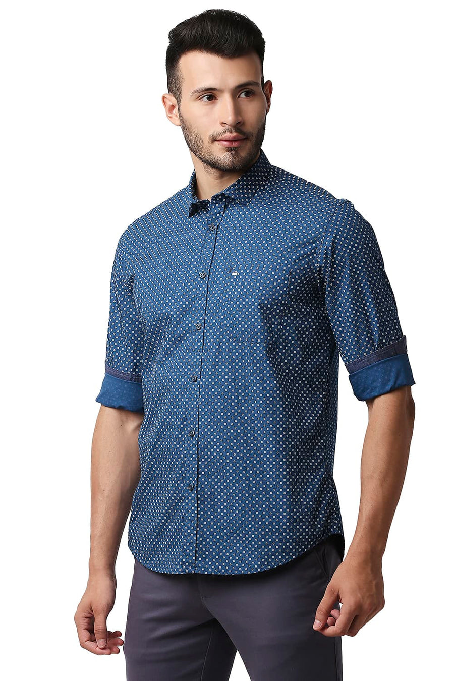 BASICS SLIM FIT BLUE SAPPHIRE POPLIN PRINTED SHIRT