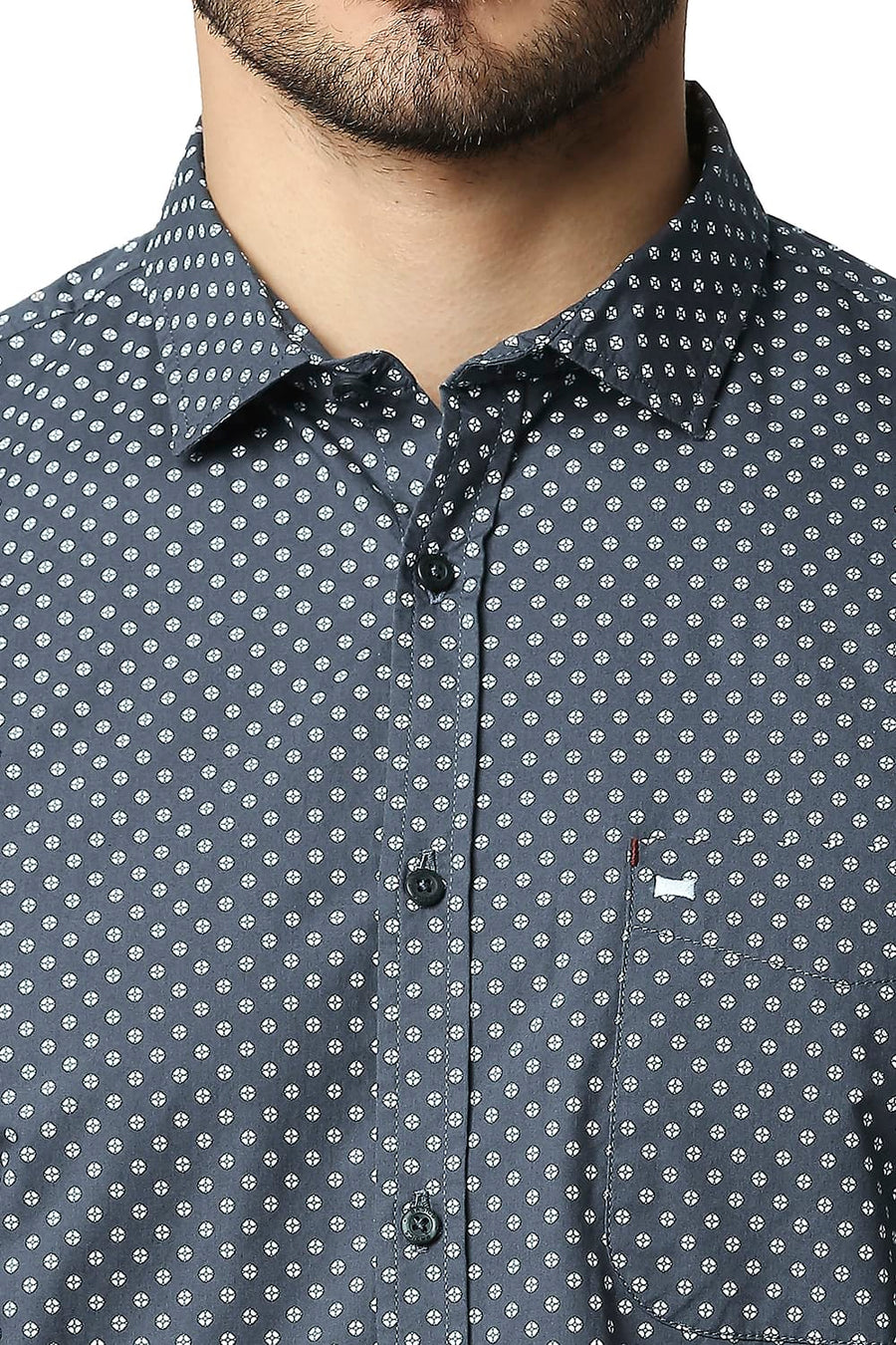 BASICS SLIM FIT CASTLEROCK GREY POPLIN PRINTED SHIRT