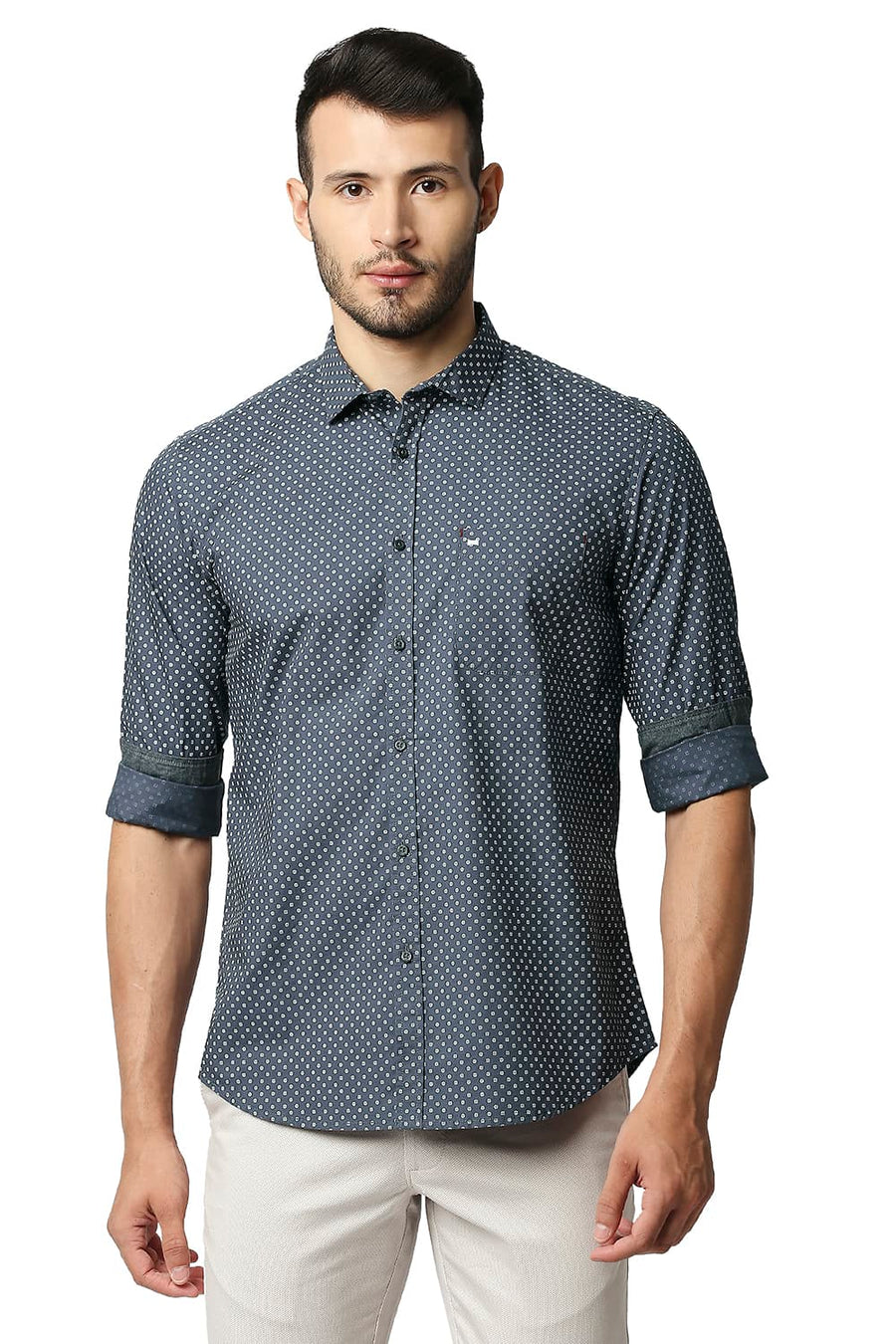 BASICS SLIM FIT CASTLEROCK GREY POPLIN PRINTED SHIRT