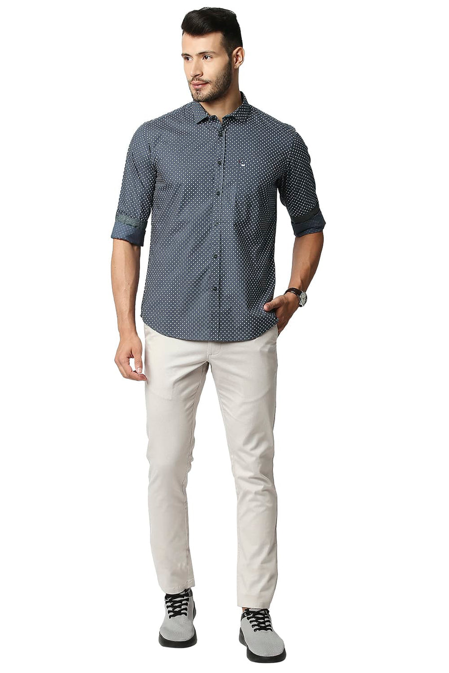 BASICS SLIM FIT CASTLEROCK GREY POPLIN PRINTED SHIRT