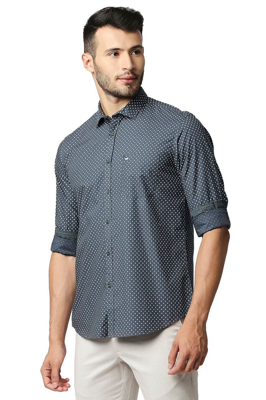 BASICS SLIM FIT CASTLEROCK GREY POPLIN PRINTED SHIRT