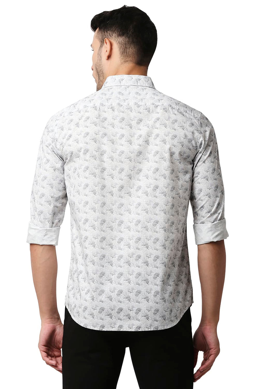 BASICS SLIM FIT RAINY GREY POPLIN PRINTED SHIRT