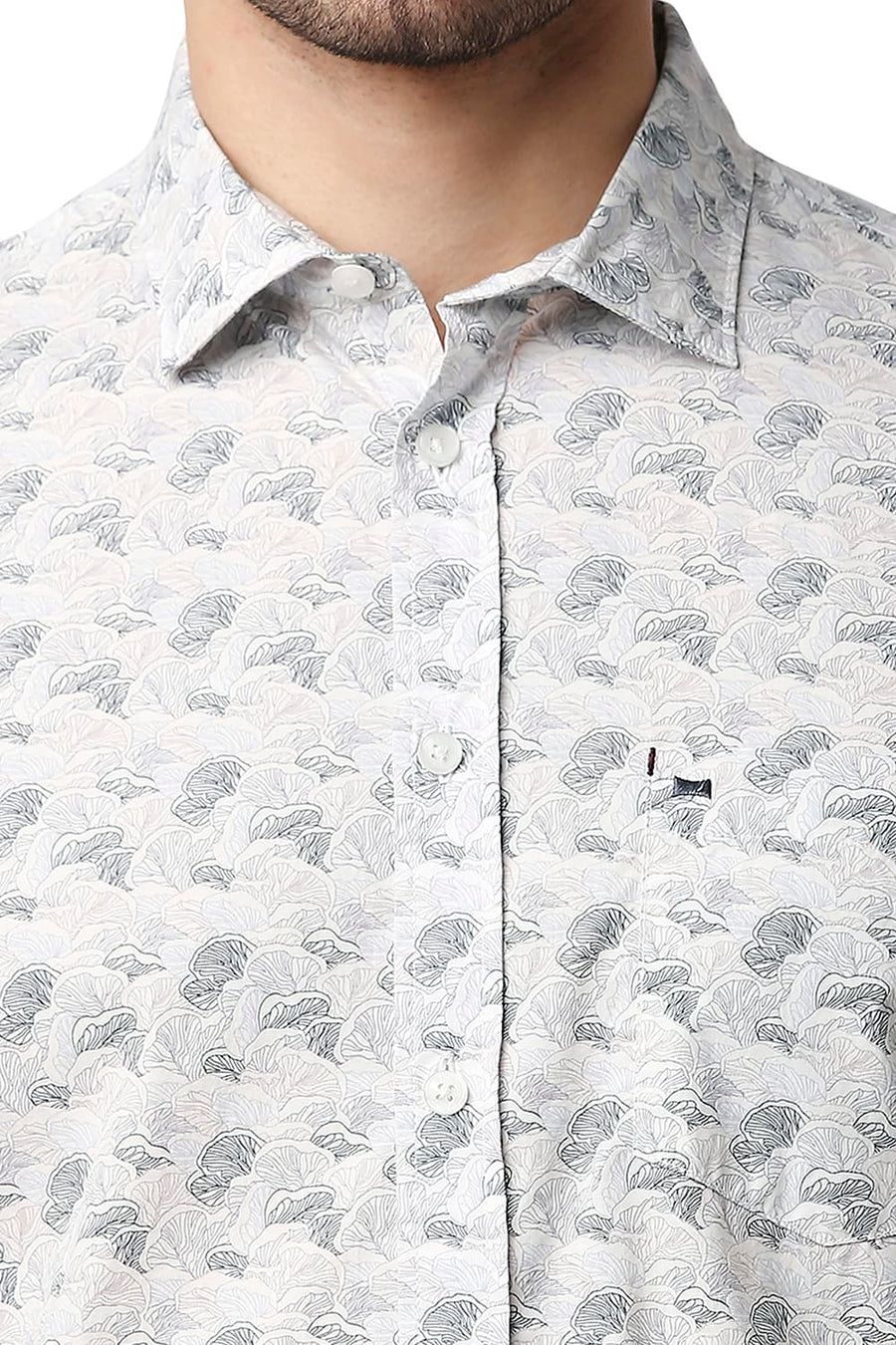BASICS SLIM FIT RAINY GREY POPLIN PRINTED SHIRT