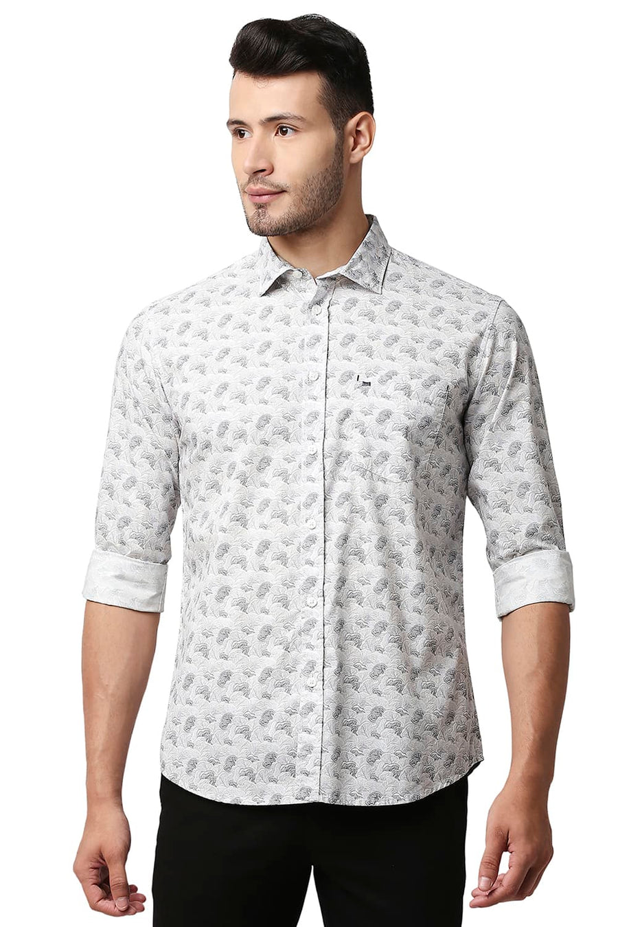BASICS SLIM FIT RAINY GREY POPLIN PRINTED SHIRT