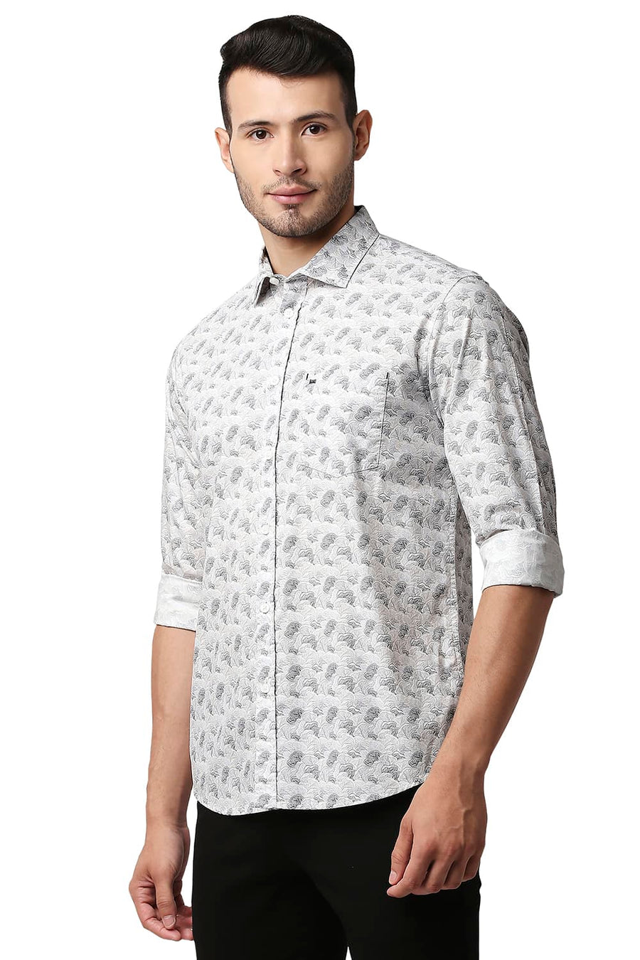 BASICS SLIM FIT RAINY GREY POPLIN PRINTED SHIRT