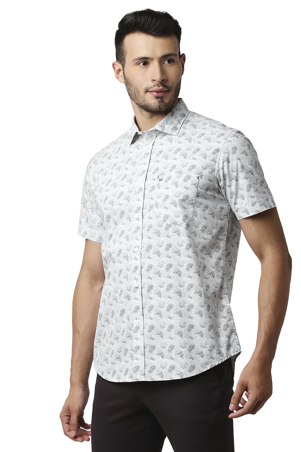 BASICS SLIM FIT POPLIN PRINTED HALFSLEEVES SHIRT