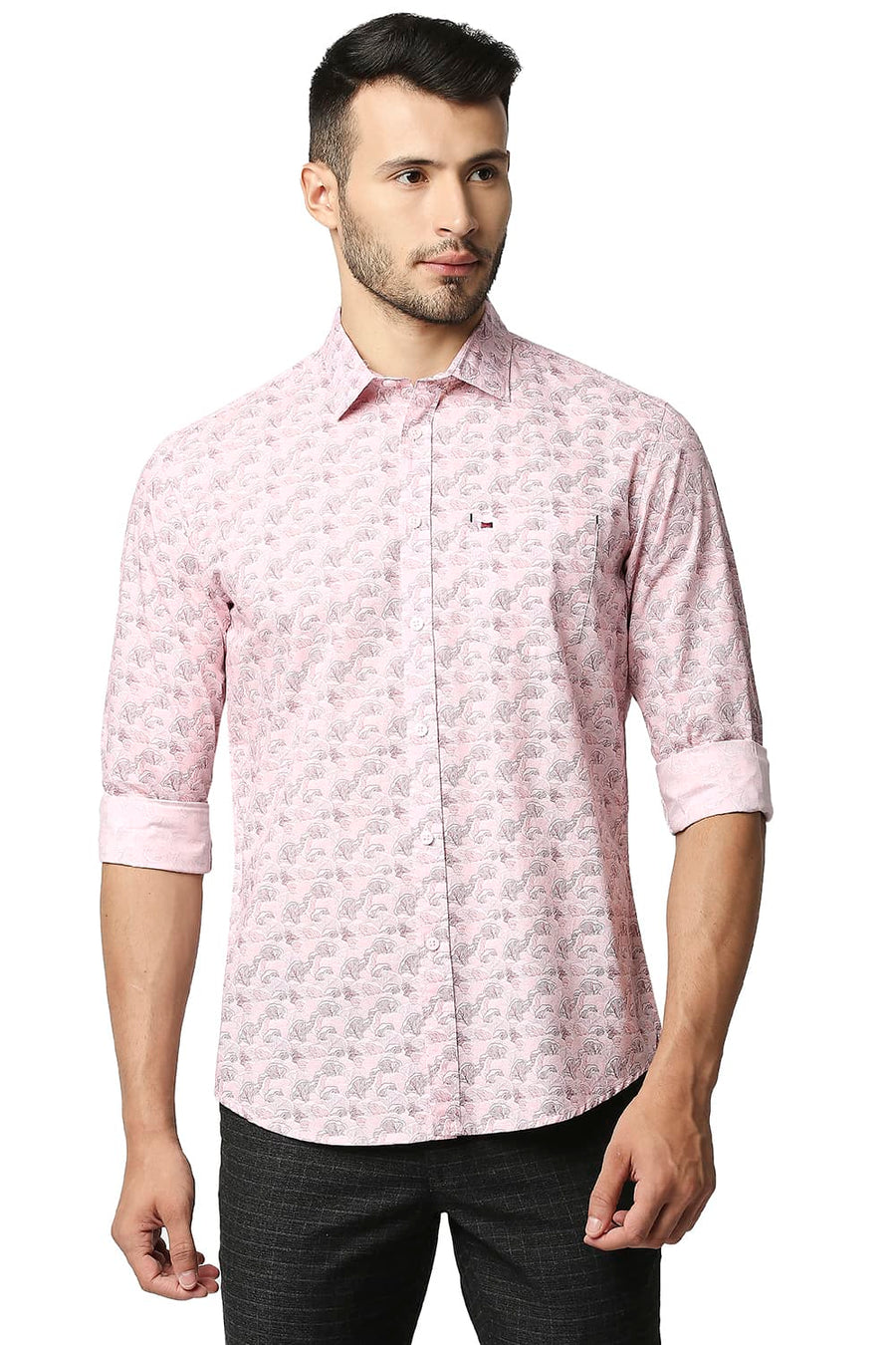 BASICS SLIM FIT CHALK PINK POPLIN PRINTED SHIRT
