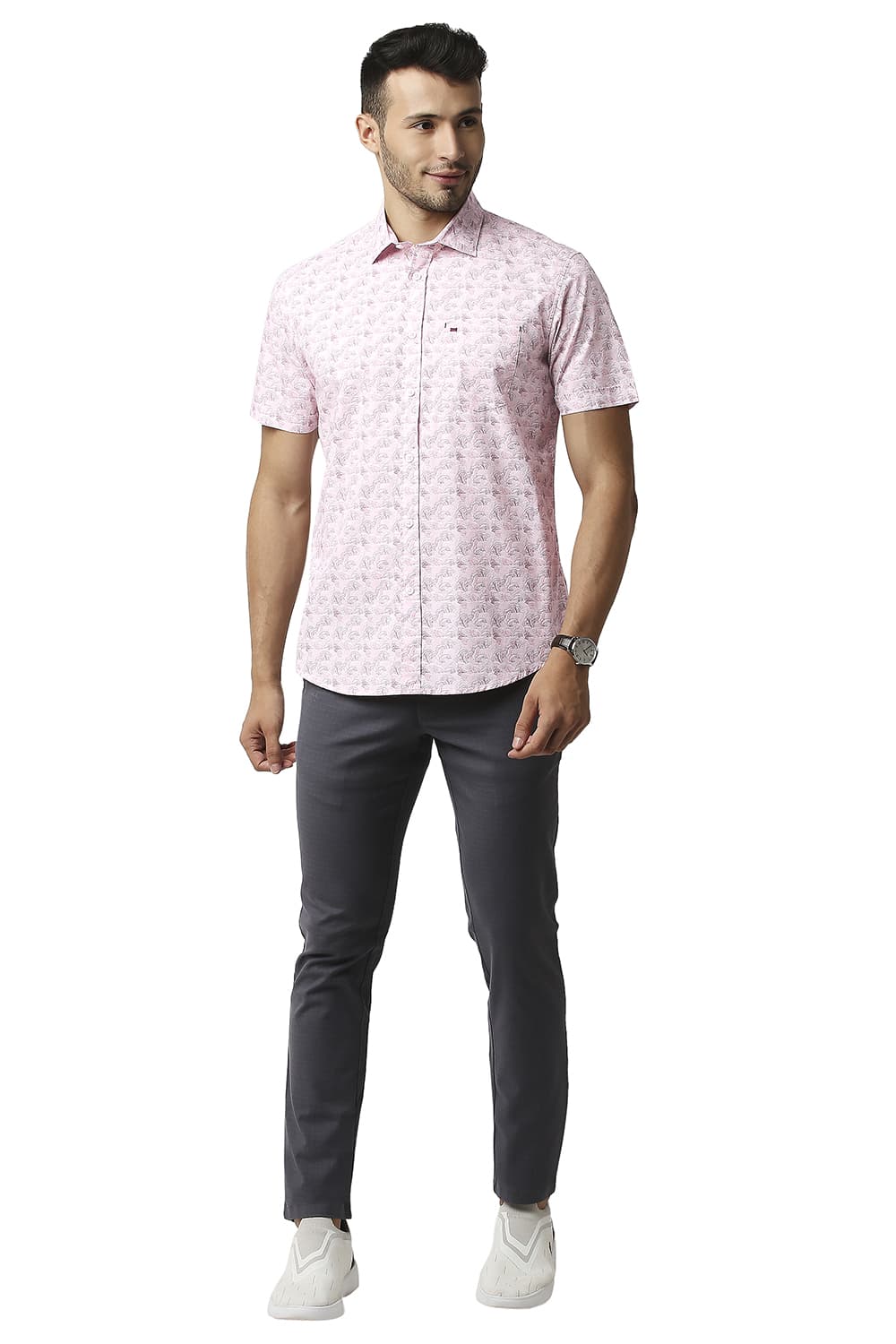 BASICS SLIM FIT POPLIN PRINTED HALFSLEEVES SHIRT