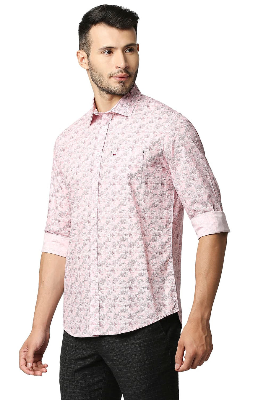 BASICS SLIM FIT CHALK PINK POPLIN PRINTED SHIRT