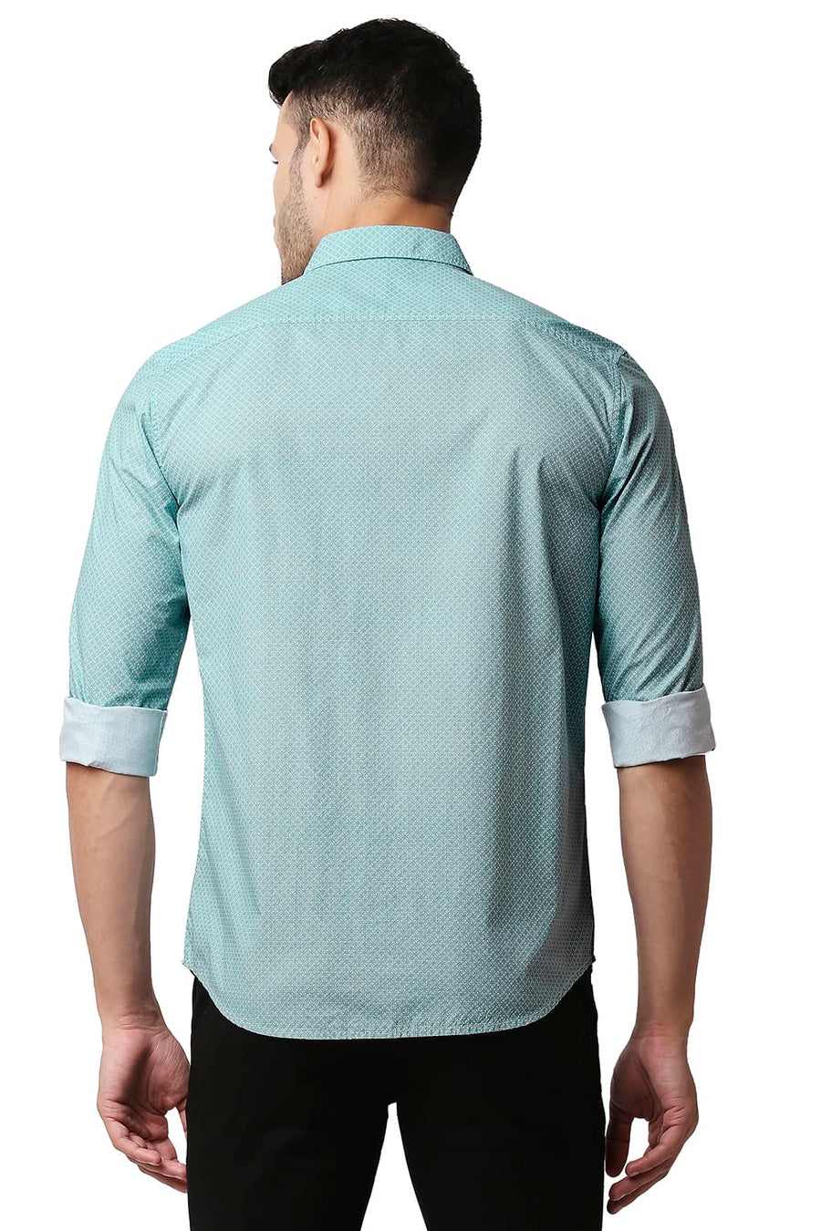 BASICS SLIM FIT TEAL OIL POPLIN PRINTED SHIRT