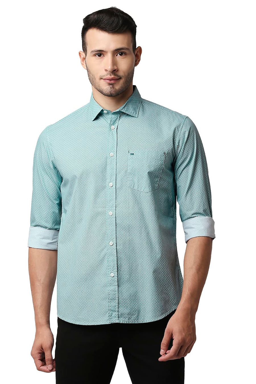 BASICS SLIM FIT TEAL OIL POPLIN PRINTED SHIRT