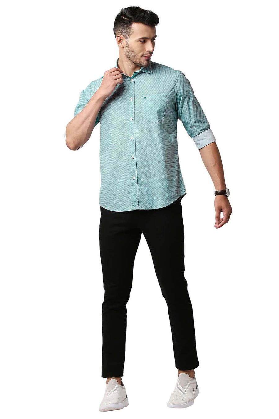 BASICS SLIM FIT TEAL OIL POPLIN PRINTED SHIRT