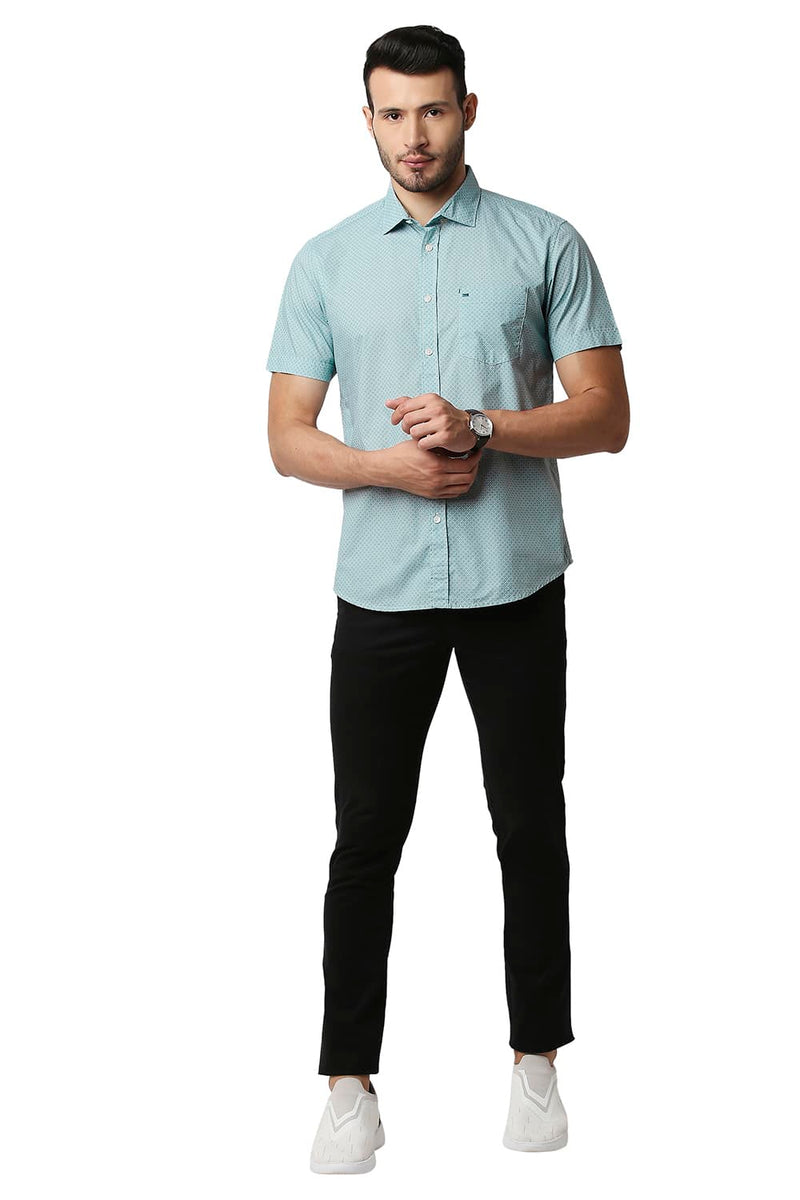 BASICS SLIM FIT POPLIN PRINTED HALFSLEEVES SHIRT