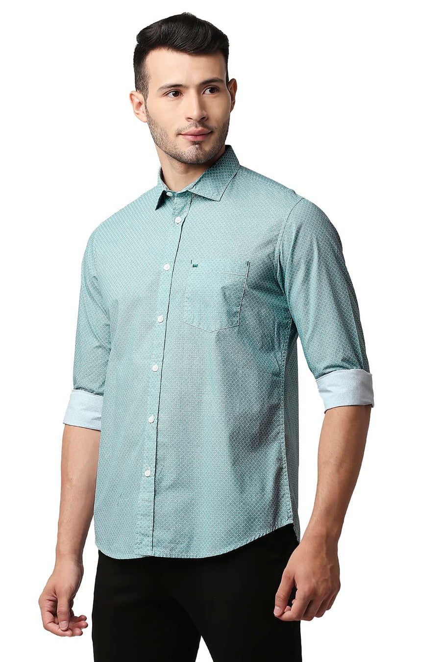 BASICS SLIM FIT TEAL OIL POPLIN PRINTED SHIRT