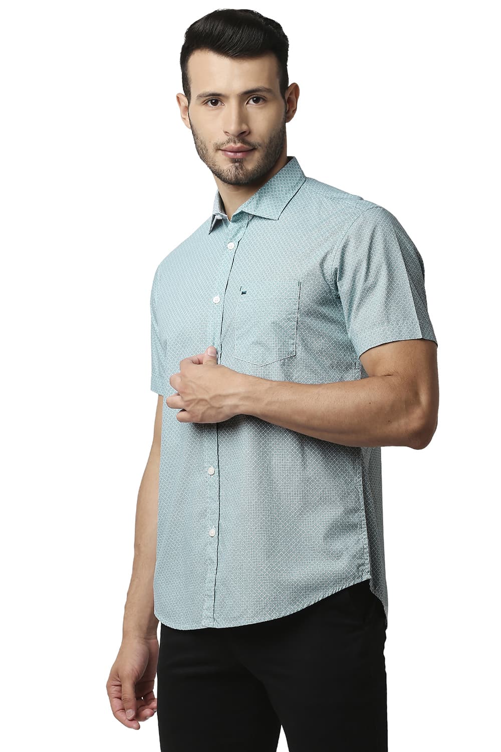 BASICS SLIM FIT POPLIN PRINTED HALFSLEEVES SHIRT