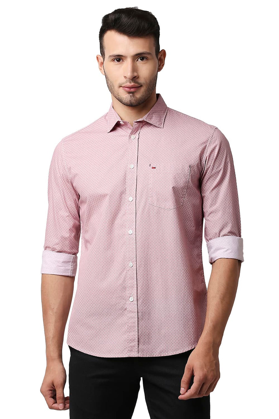 BASICS SLIM FIT MAUVEGLOW PINK POPLIN PRINTED SHIRT