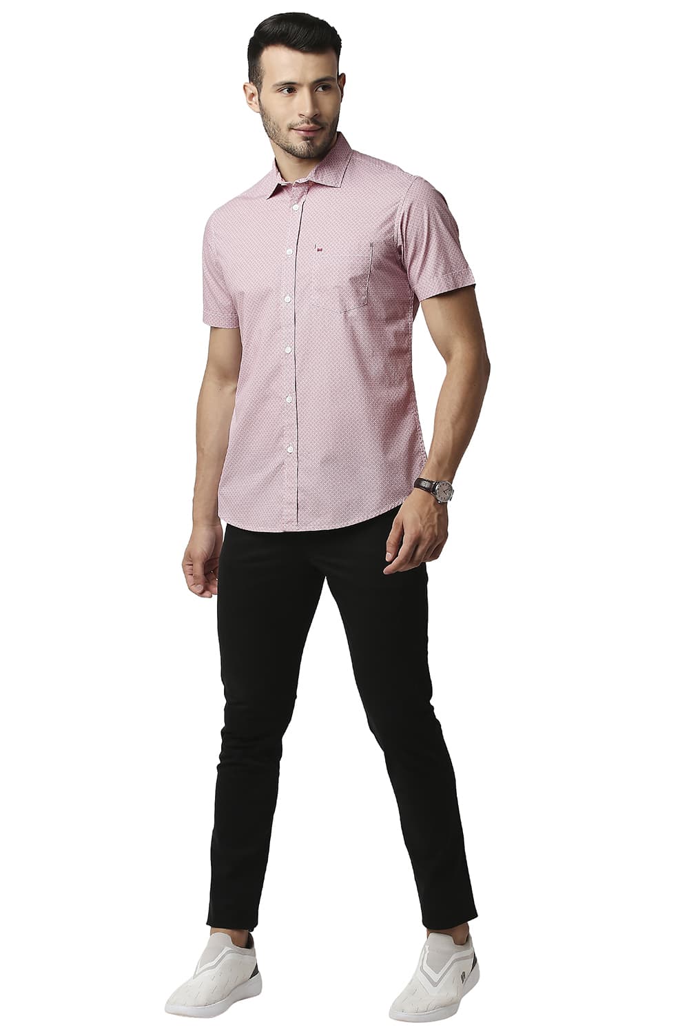 BASICS SLIM FIT POPLIN PRINTED HALFSLEEVES SHIRT