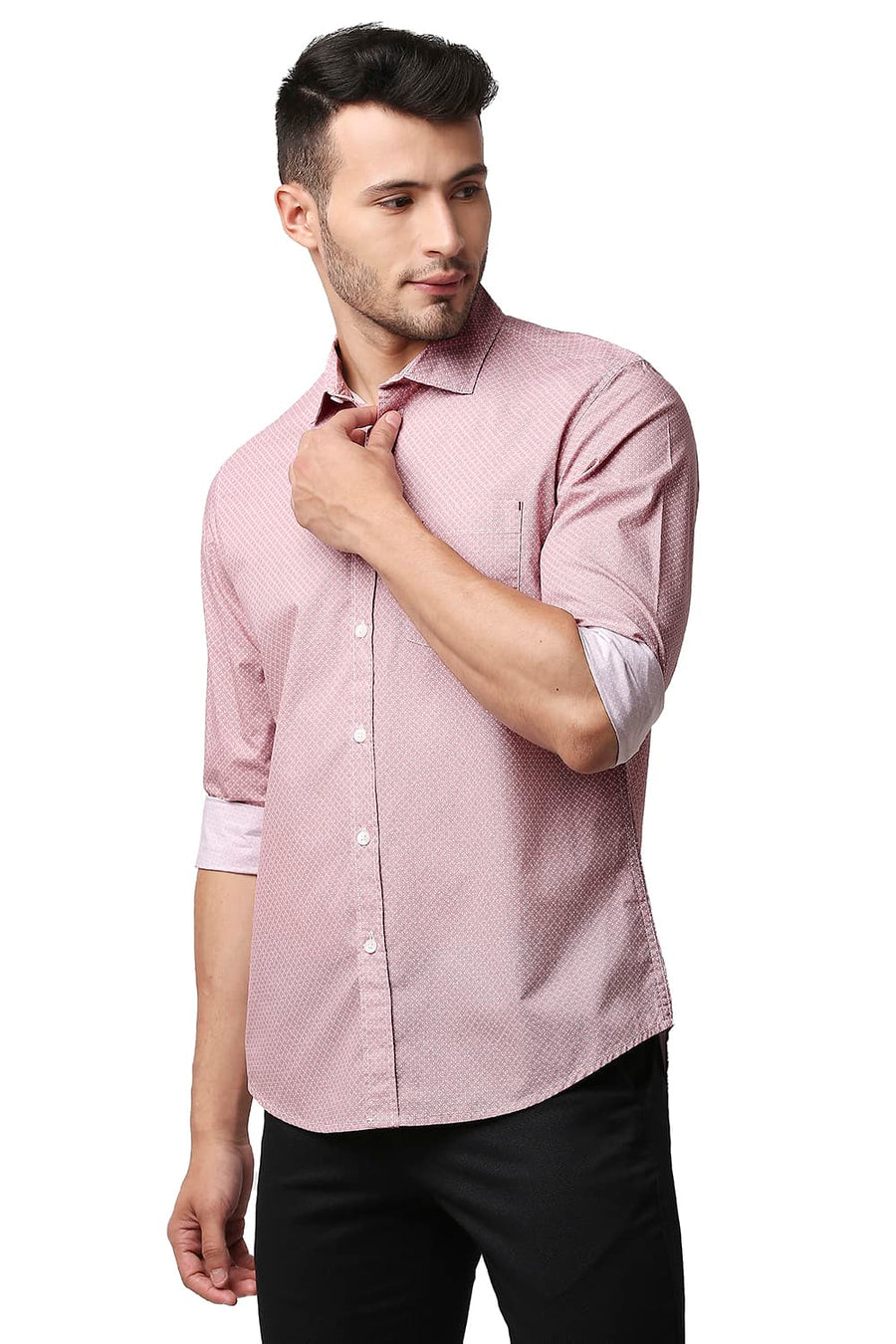 BASICS SLIM FIT MAUVEGLOW PINK POPLIN PRINTED SHIRT