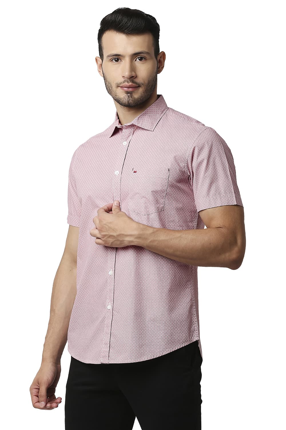 BASICS SLIM FIT POPLIN PRINTED HALFSLEEVES SHIRT