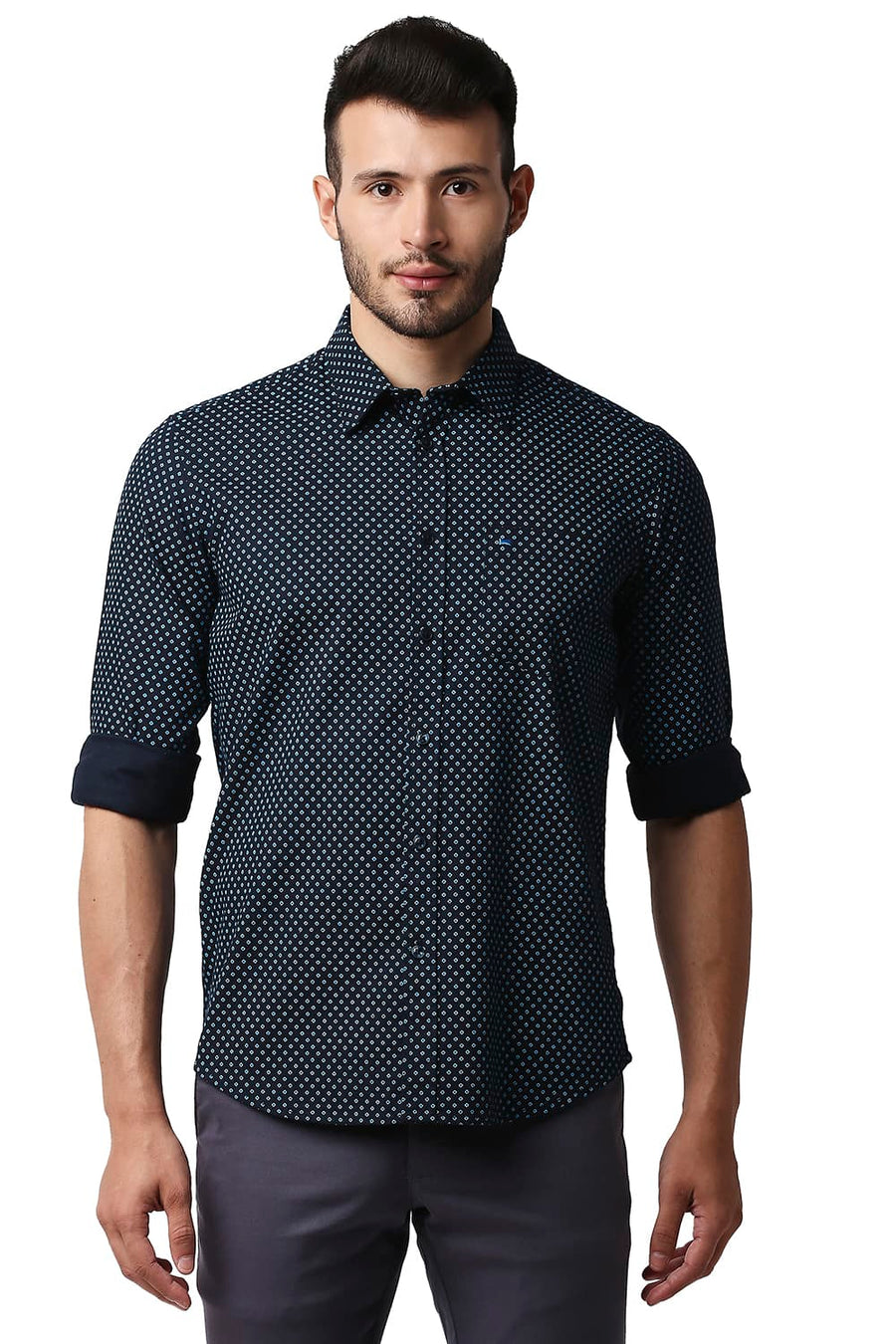 BASICS SLIM FIT CARBON NAVY DOBBY PRINTED SHIRT