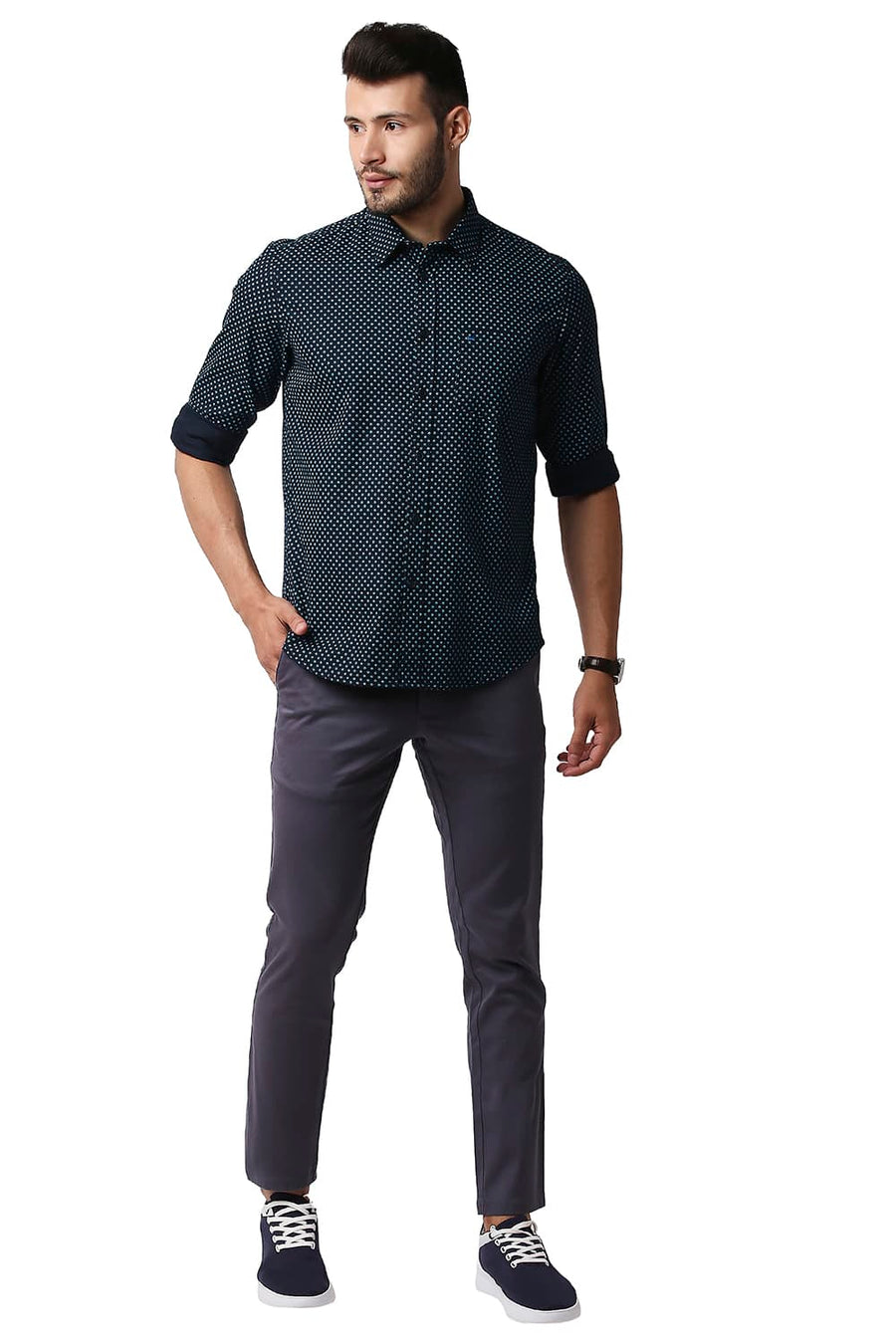 BASICS SLIM FIT CARBON NAVY DOBBY PRINTED SHIRT
