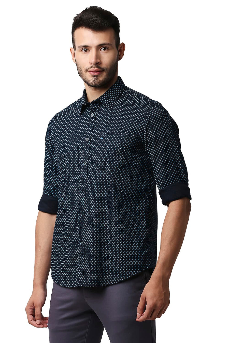 BASICS SLIM FIT CARBON NAVY DOBBY PRINTED SHIRT