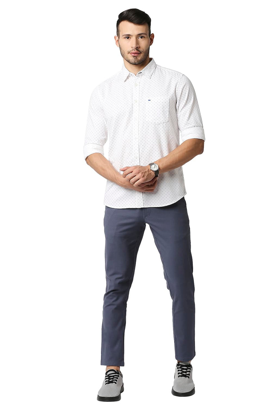 BASICS SLIM FIT BRIGHT WHITE DOBBY PRINTED SHIRT