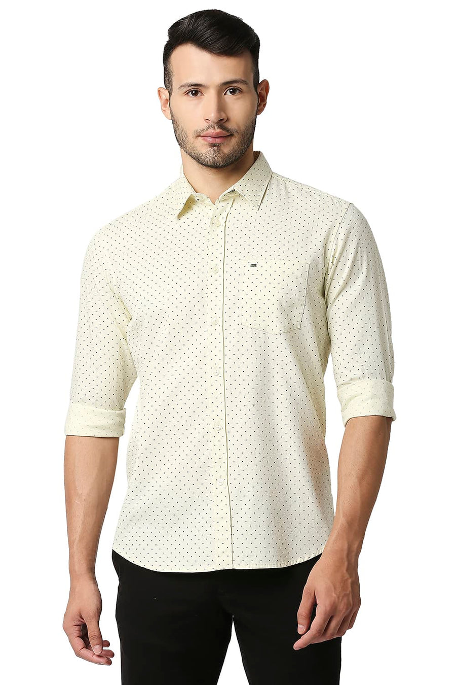 BASICS SLIM FIT TRANSPARENT YELLOW DOBBY PRINTED SHIRT