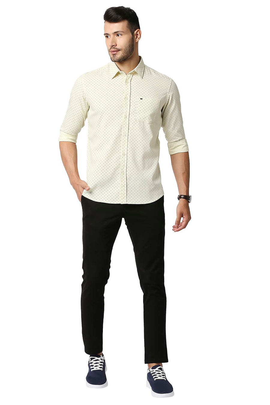 BASICS SLIM FIT TRANSPARENT YELLOW DOBBY PRINTED SHIRT