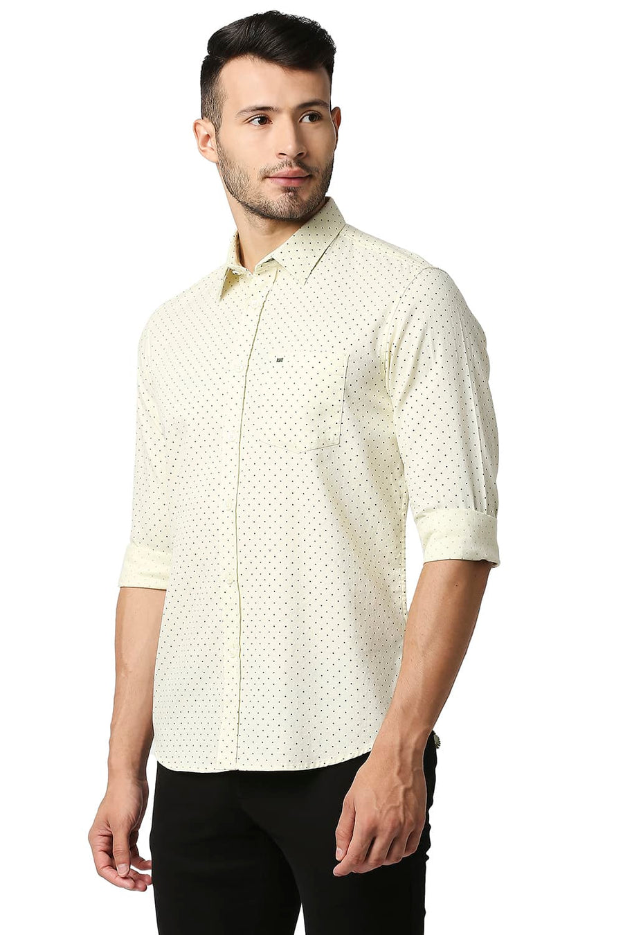 BASICS SLIM FIT TRANSPARENT YELLOW DOBBY PRINTED SHIRT