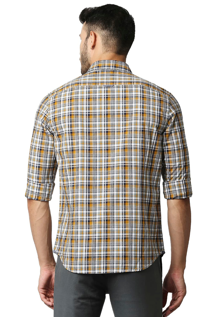 BASICS SLIM FIT BUTTERSCOTCH YELLOW COTTON CHECKS SHIRT