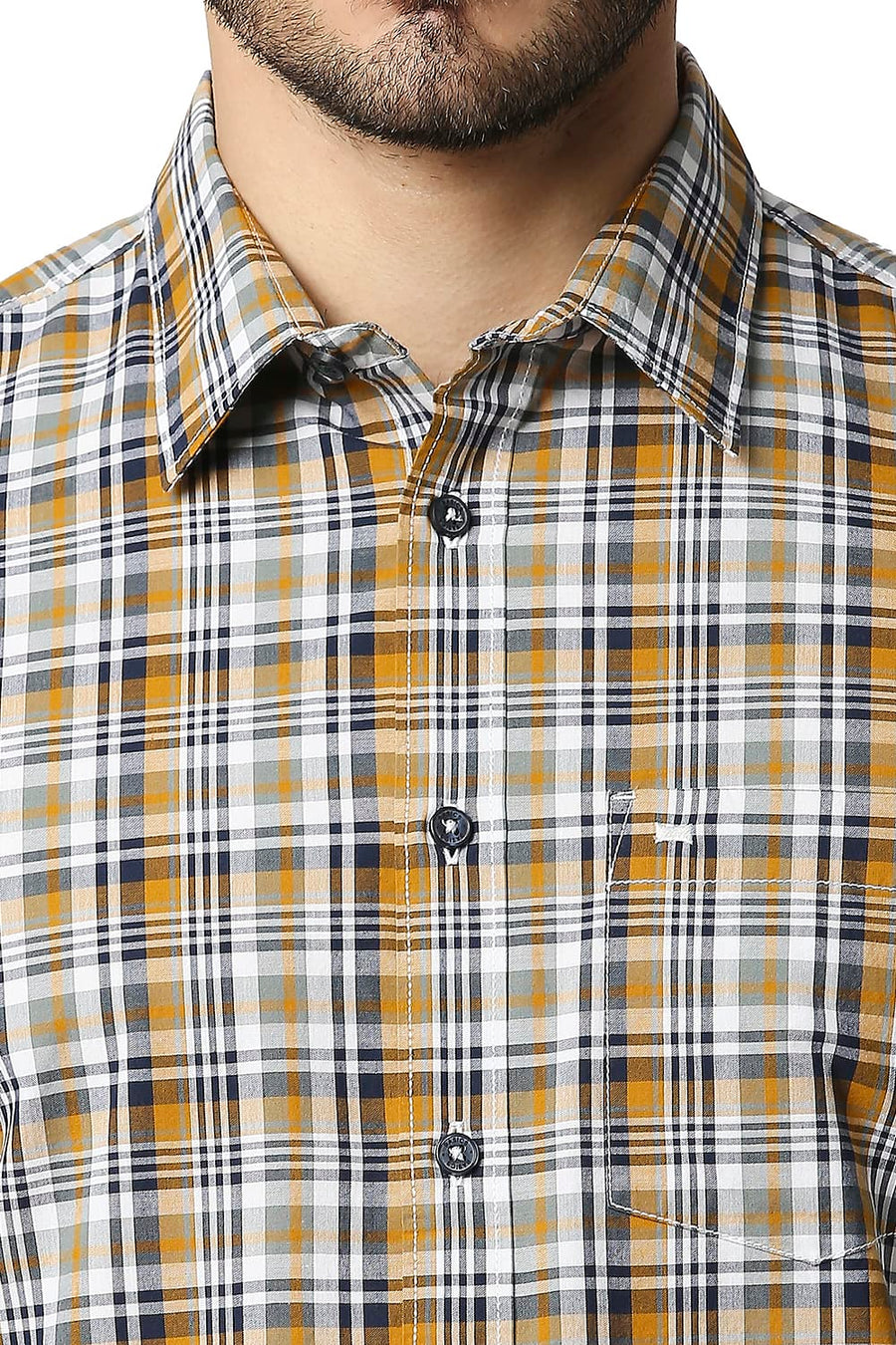 BASICS SLIM FIT BUTTERSCOTCH YELLOW COTTON CHECKS SHIRT